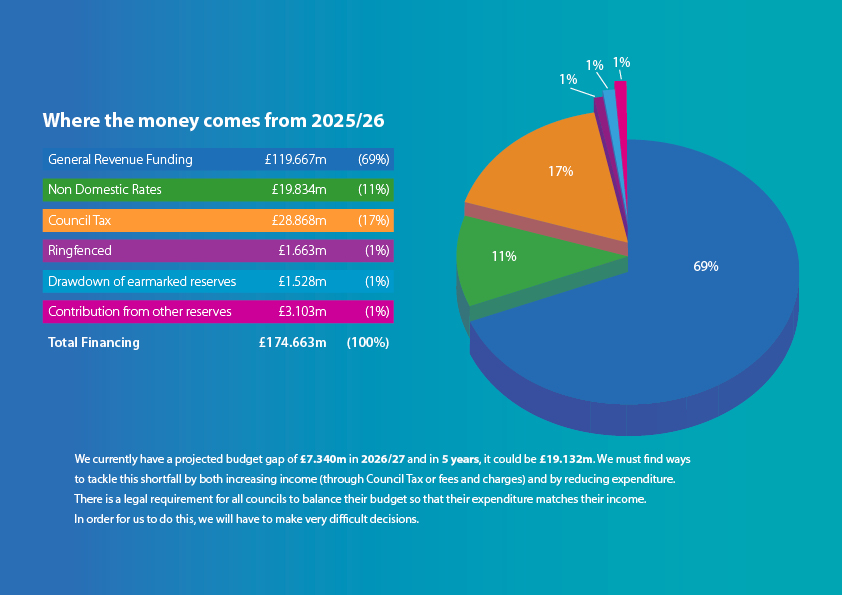 Pie chart showing where Council money comes from